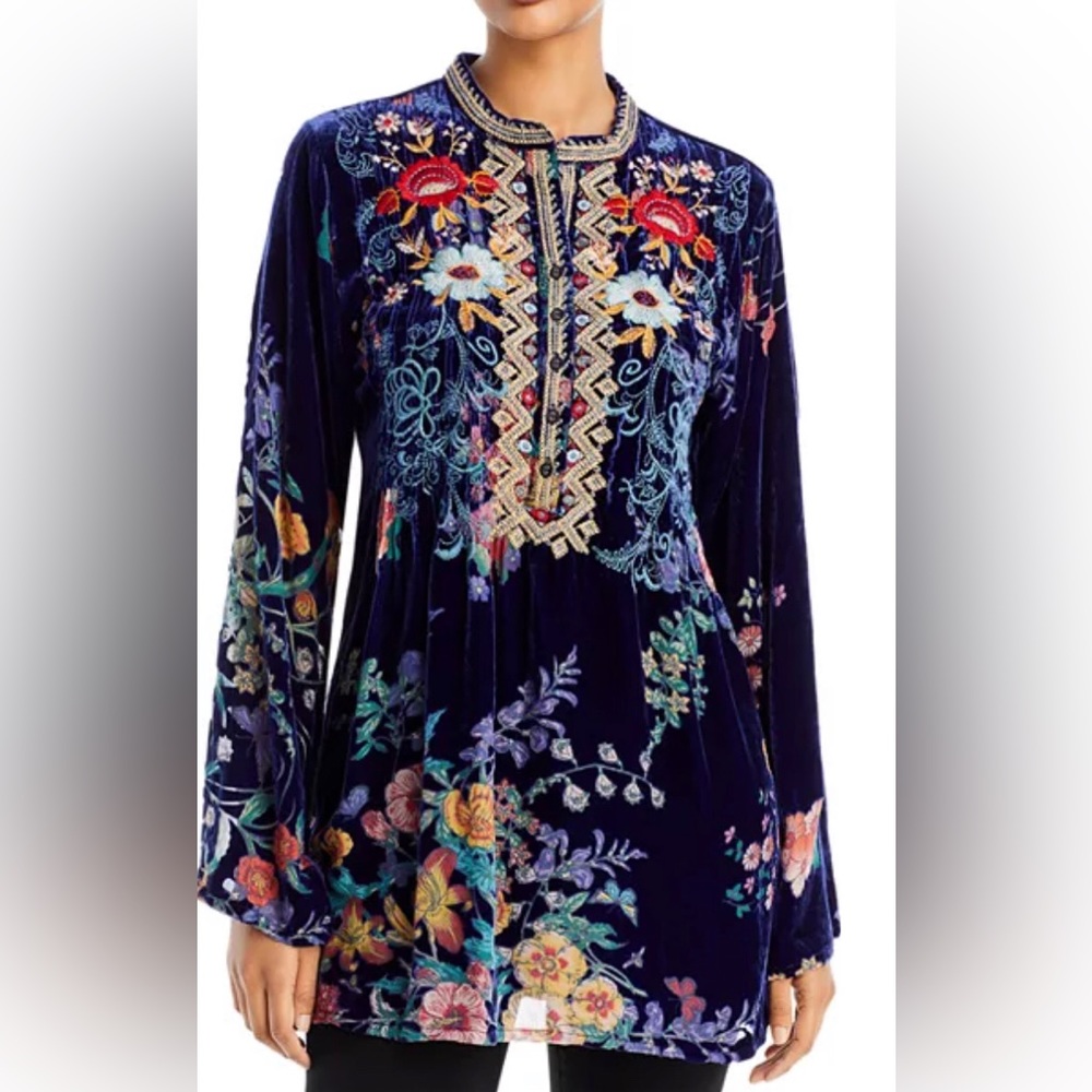 Bouquet Burnout Tunic Silk and Velvet blue and purple and black, NWT